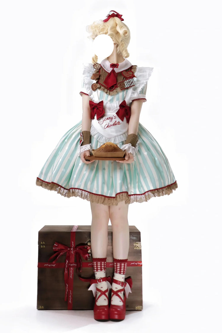 Green Jenny's Chocolate Short Sleeves Vertical Stripes Print Ruffle Bowknot Sweet Lolita Dress