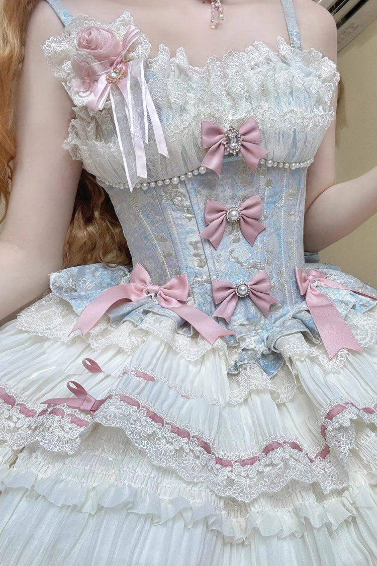 Blue/Apricot Sea Salt Souffle Sleeveless Multi-Layered Bowknot Lace Sweet Ballet Lolita Jsk Dress