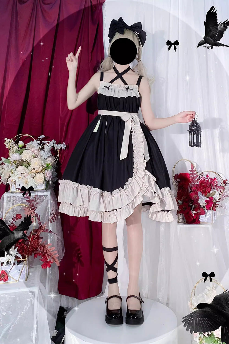Black Monet Estate Sleeveless High Waisted Ruffle Bowknot Asymmetric Gothic Lolita Jsk Dress