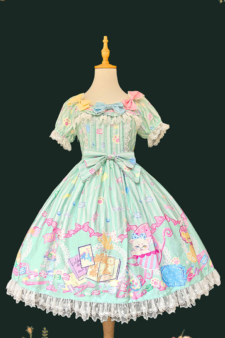 Macaron Dolly House Doll Collar Short Sleeves Print Bowknot Sweet Lolita Dress 3 Colors