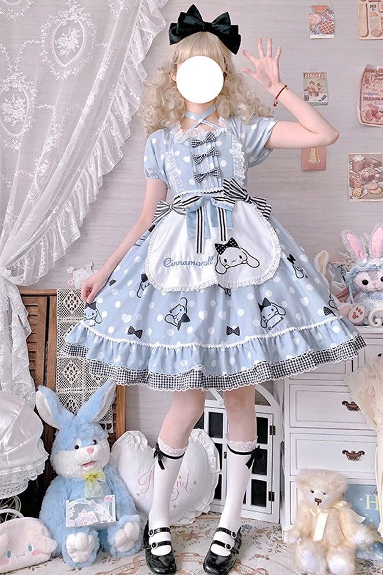 Light Blue Short Sleeves Big Eared Dog Print Ruffle Bowknot Alice Sweet Lolita Dress