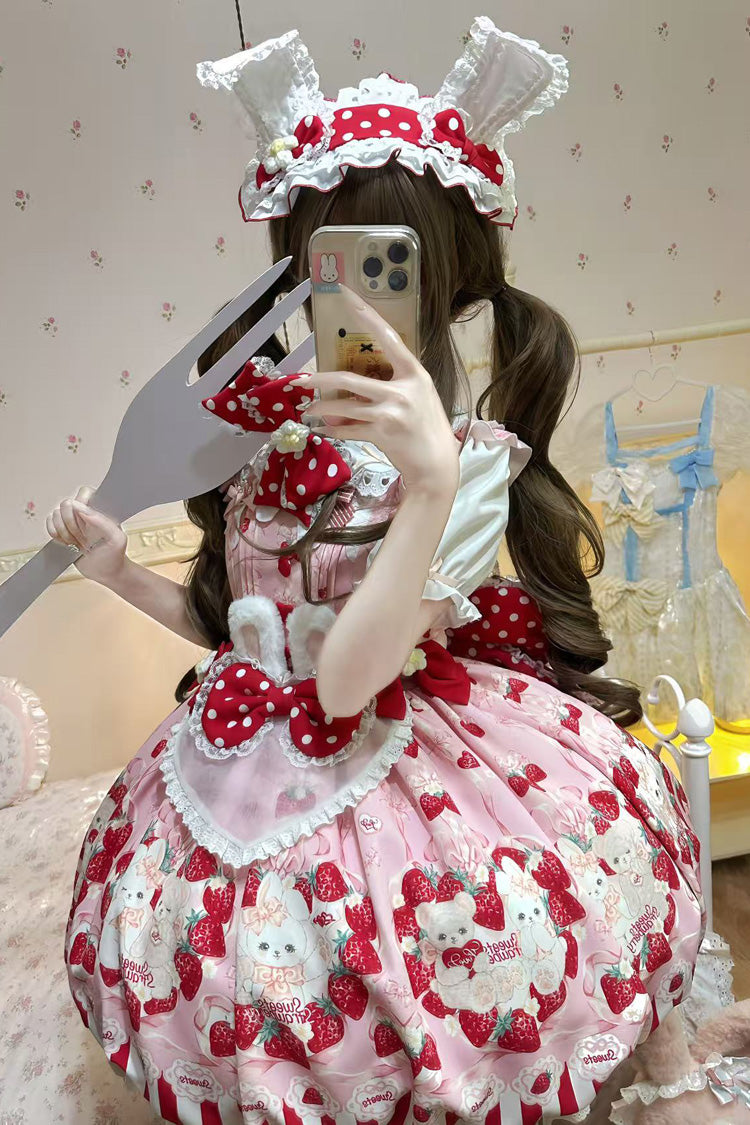 Cream Rabbit Strawberry Print Sleeveless Bowknot Sweet Lolita Jsk Dress 2 Colors