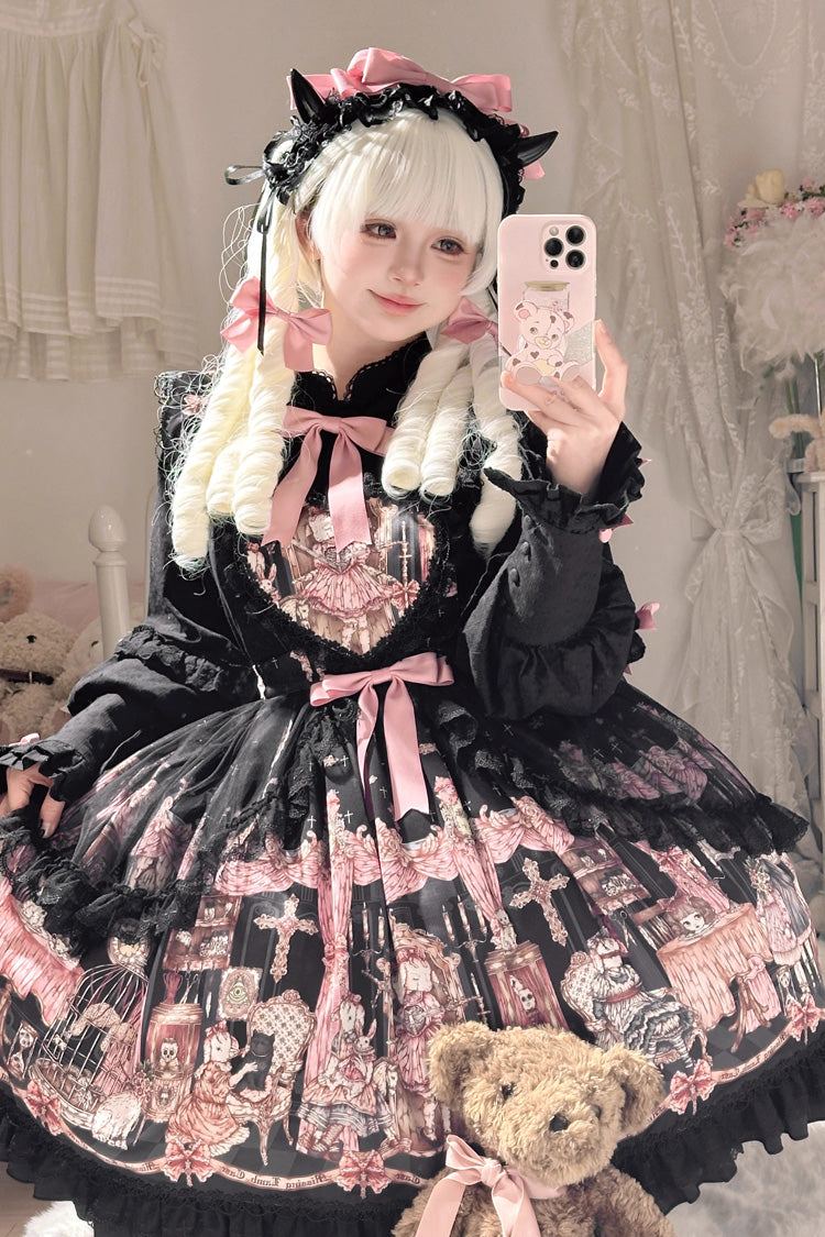 Black The Case of the Missing Lamb Print Ruffle Bowknot Lace Gothic Lolita SK Skirt