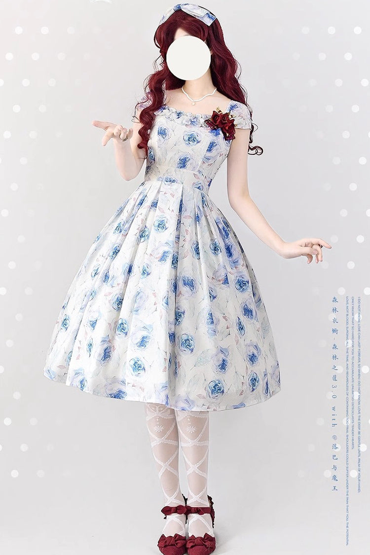Blue/White Rose Print Forest Basket Bowknot Sweet Elegant Lolita Jsk Dress