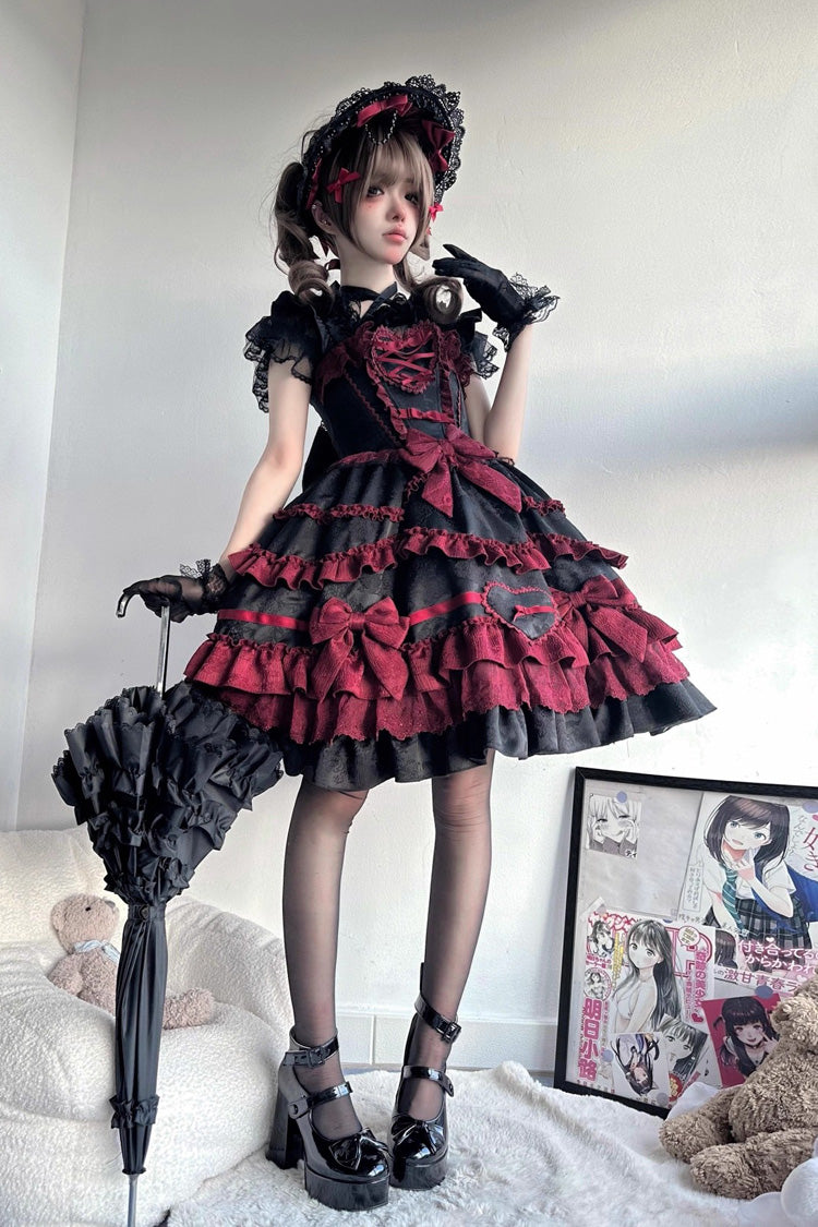 Black/Red Super Cute Belia Sleeveless Triple-Layered Ruffle Bowknot Lace Gothic Elegant Lolita Jsk Dress