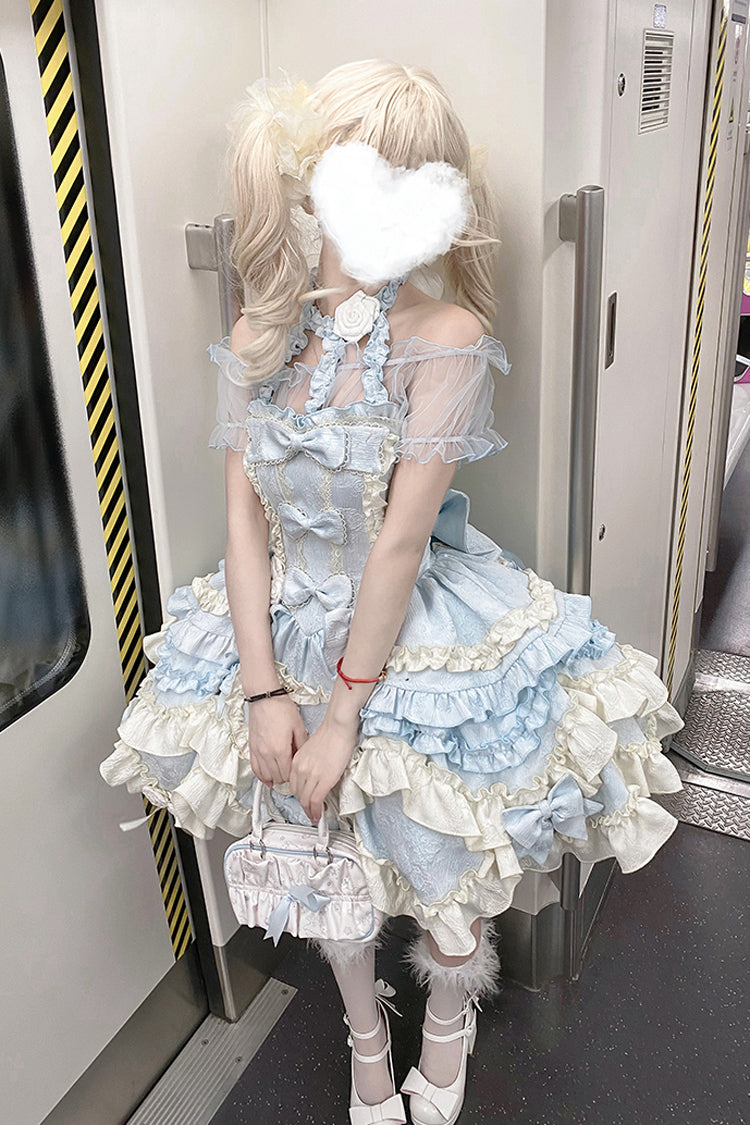 Blue Heart of Butterfly Halterneck Sleeveless Multi-Layered Ruffle Embroidery Princess Ballet Lolita Jsk Dress Set