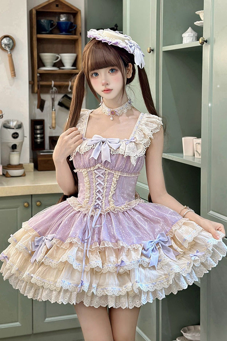 Purple Flory Butterfly Double-Layered Ruffle Bowknot Lace Lace-Up Sweet Ballet Lolita Jsk Dress