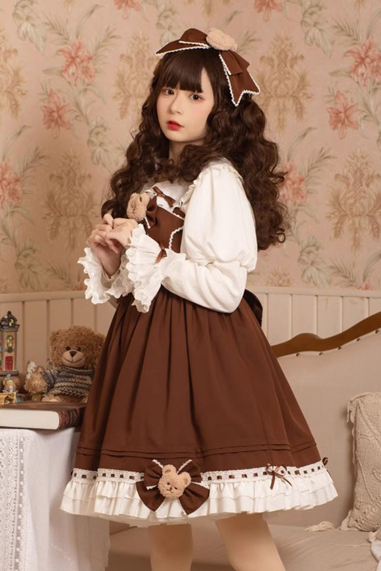 Brown Mousse Bear Sleeveless Ruffle Bowknot Sweet Vintage Princess Lolita Jsk Dress