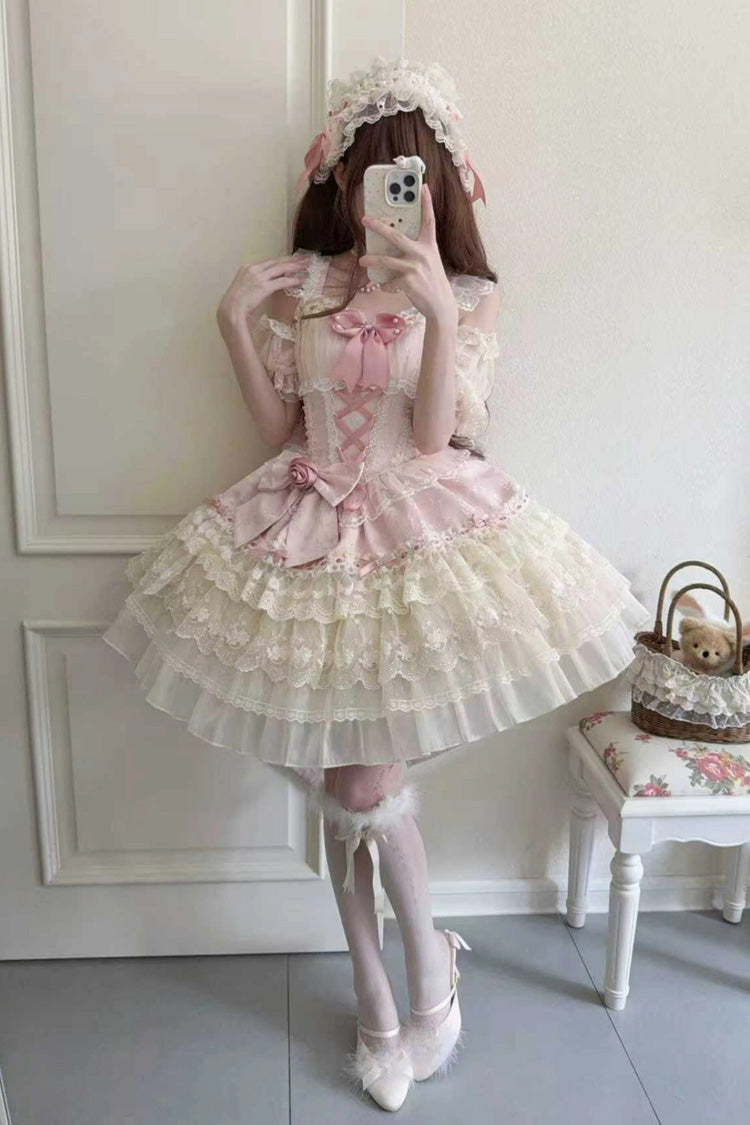 Pink Rose Canticle Sleeveless Multi-Layered Bowknot Lace Lace-Up Pearl Ballet Sweet Lolita Jsk Dress