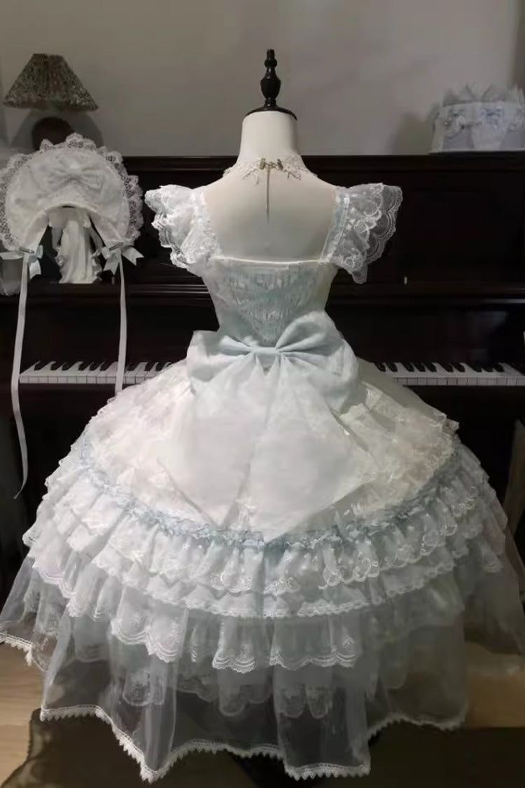 Blue Prelude of Spring Sleeveless Multi-Layered Ruffled Bow Lace Sweet Princess Lolita Jsk Dress
