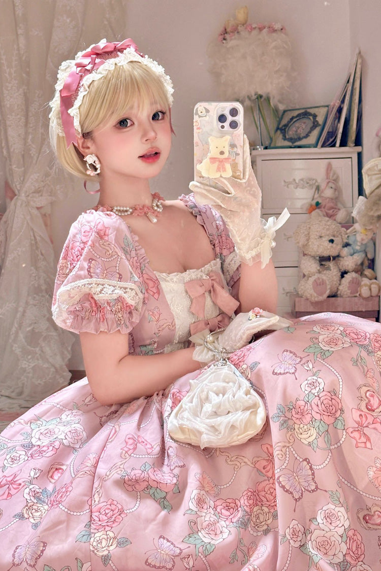 Pink Gem Rose Print Short Puff Sleeves Ruffle Bowknot Sweet Plus Size Lolita Dress