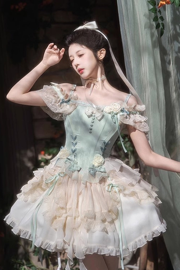 Light Green Off Shoulder Ruffle Bowknot Lace Sweet Elegant Princess Ballet Lolita Tiered Dress