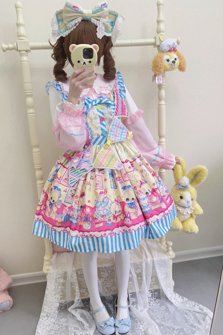 Bunny Pastry Chef Print Bowknot Gothic Japanese Lolita Jsk Dress 3 Colors