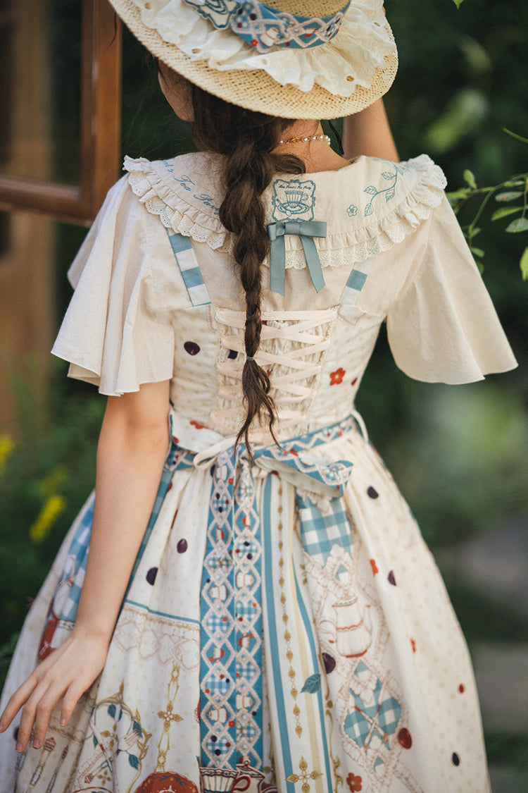Blue/Green Tea Party Print Ruffle Bowknot Lace Sweet Elegant Lolita Jsk Dress
