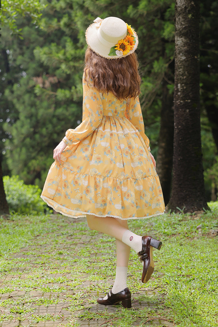 Yellow Gardening Sunflower Long Sleeves Print Ruffle Bowknot Sweet Elegant Lolita Dress