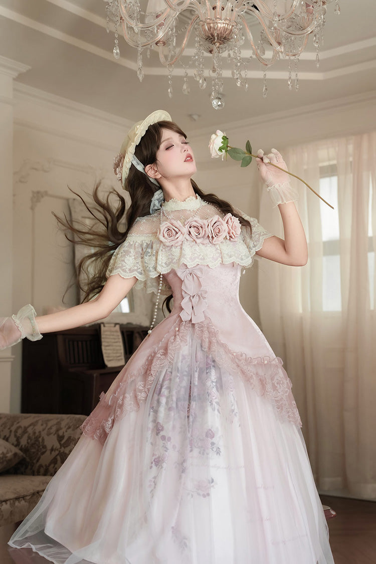 Pink Rose Poems Ruffle Embroidery Bowknot Lace Asymmetric Sweet Elegant Lolita Dress Set