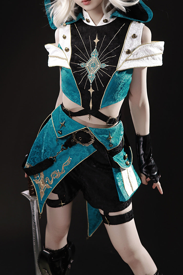 Blue/Green Traveler's Outfit Print Embroidery Hooded Ouji Fashion Sweet Handsome Lolita Set