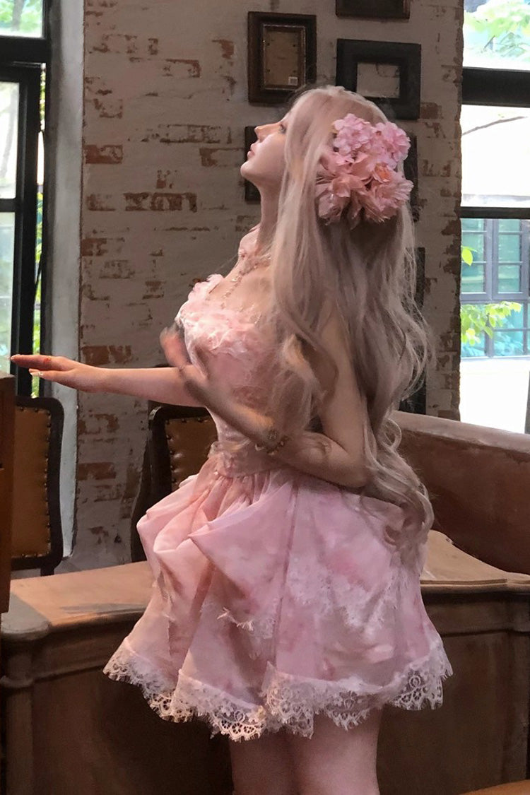Pink Sakura Trio Sleeveless Double-Layered Ruffle Bowknot Lace Sweet Princess Lolita Jsk Dress