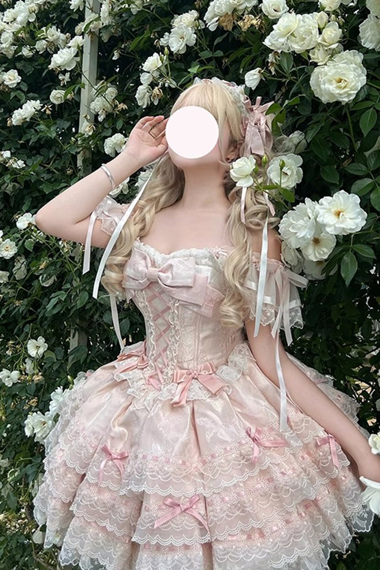 Pink Flora Isle Butterfly Sleeveless Ruffle Bowknot Lace Lace-Up Sweet Elegant Lolita Jsk Dress