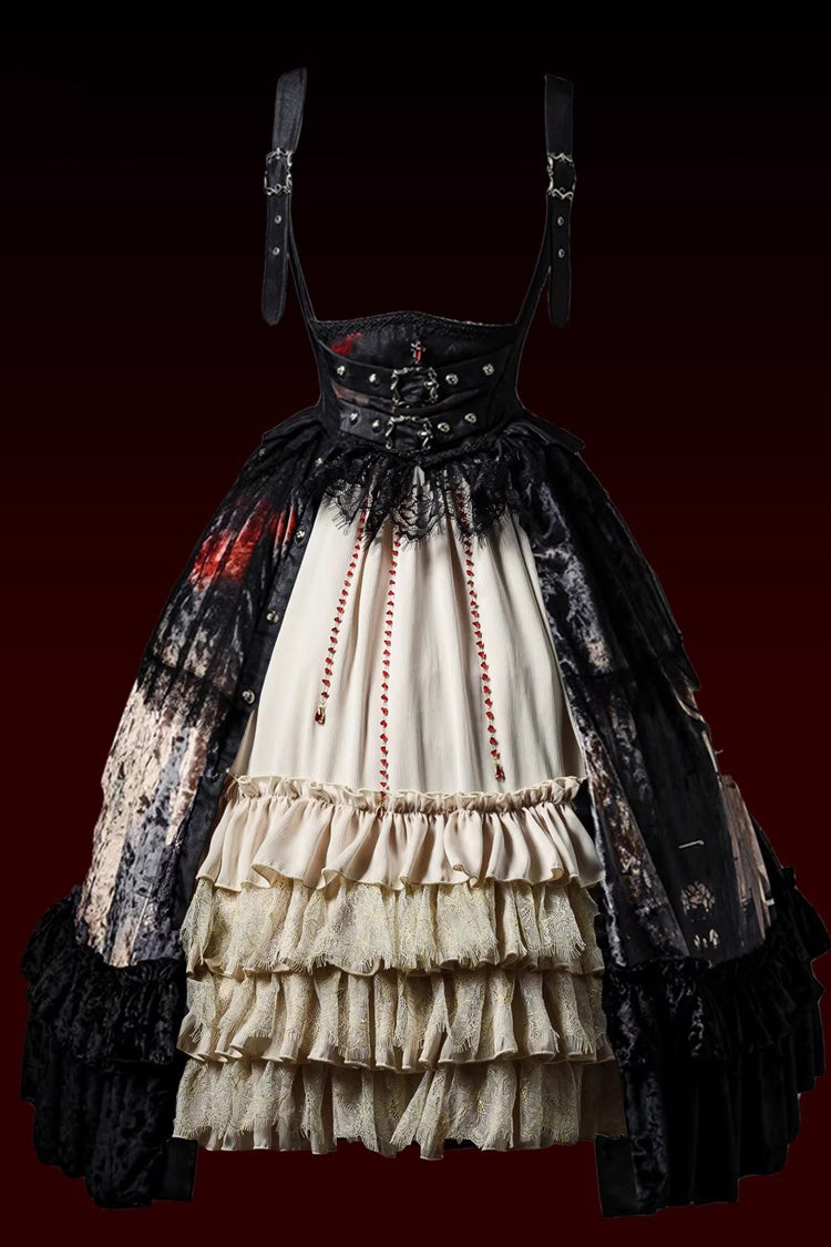 Heretical Nun Sleeveless Multi-Layered Printed Ruffled Open-Front Gothic Plus Size Lolita Strap Dress Short Version 2 Colors