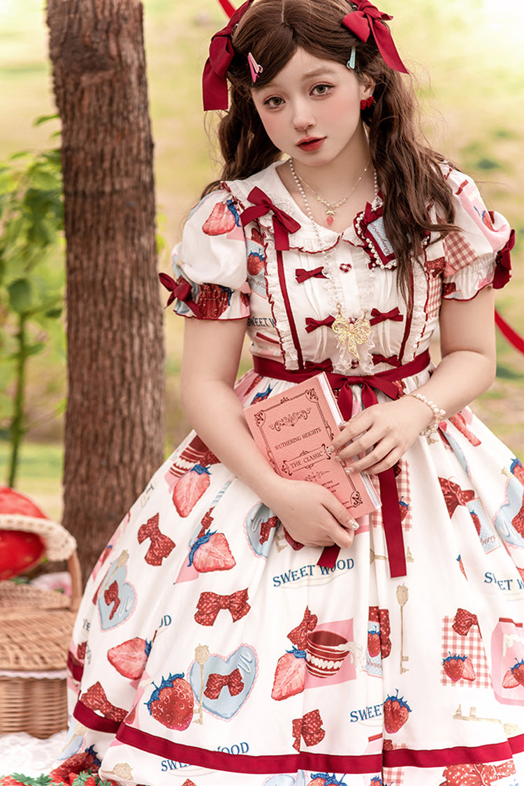 Multi-Color Strawberry Bowknot Print Short Sleeves Short Version Sweet Lolita Dress