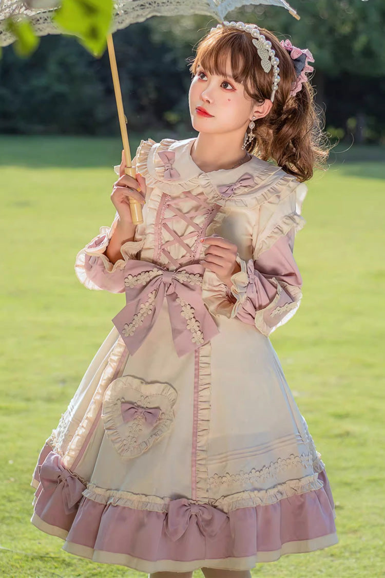 Pink/White Little Florist Long Sleeves Ruffle Bowknot Lace-Up Sweet Plus Size Princess Lolita Dress