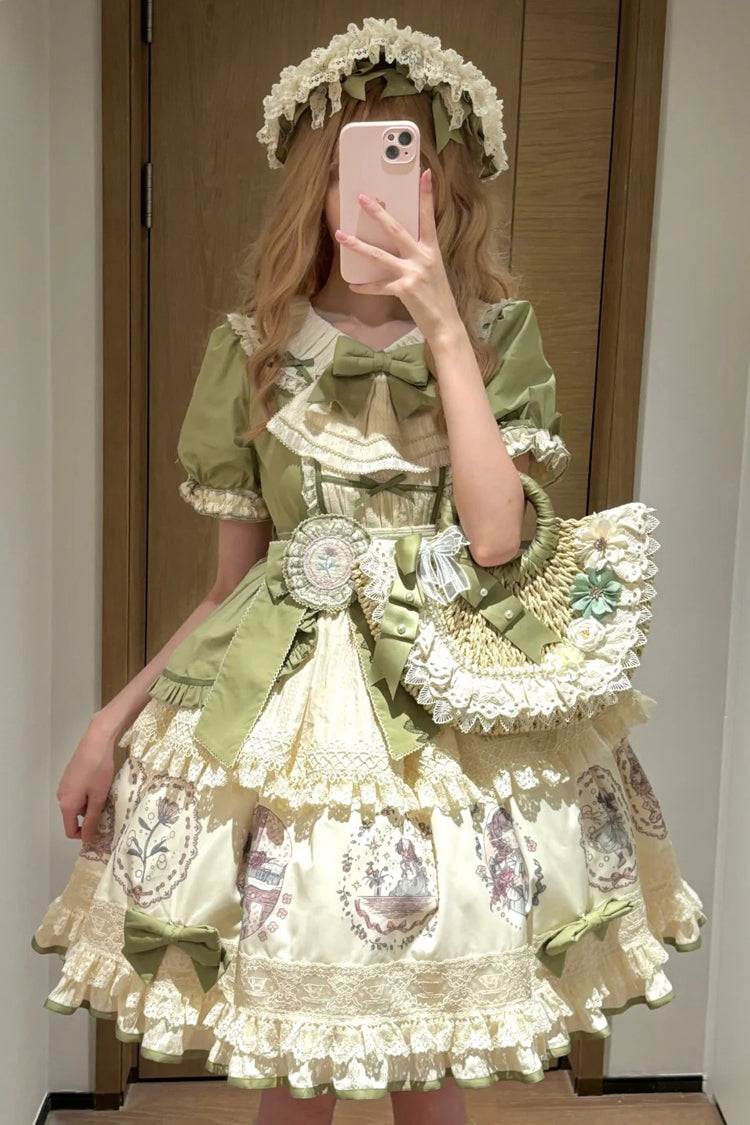 Green Little Ida's Flowers Short Sleeves Print Ruffle Bowknot Sweet Lolita Dress