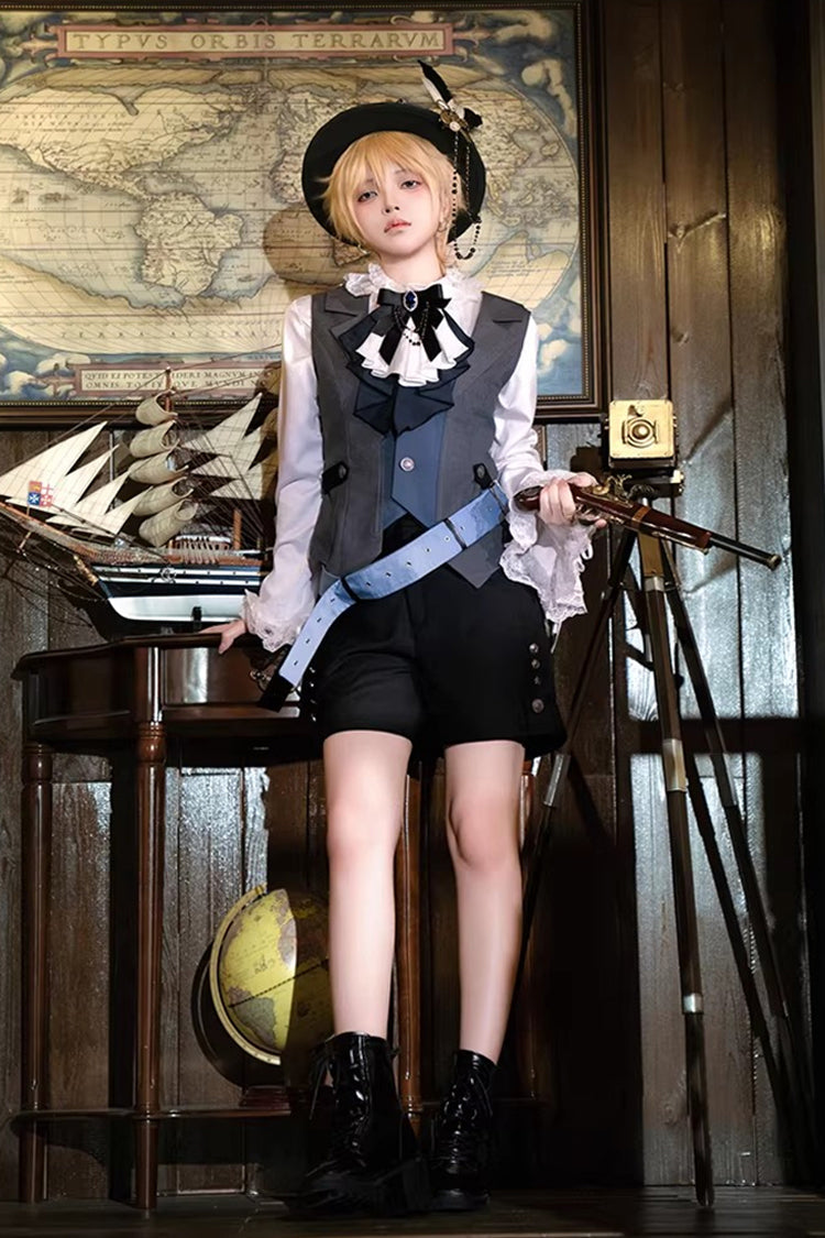 White/Grey/Blue Age of Machines Bow Asymmetric Punk Prince Ouji Lolita Shorts Vest Cloak Set