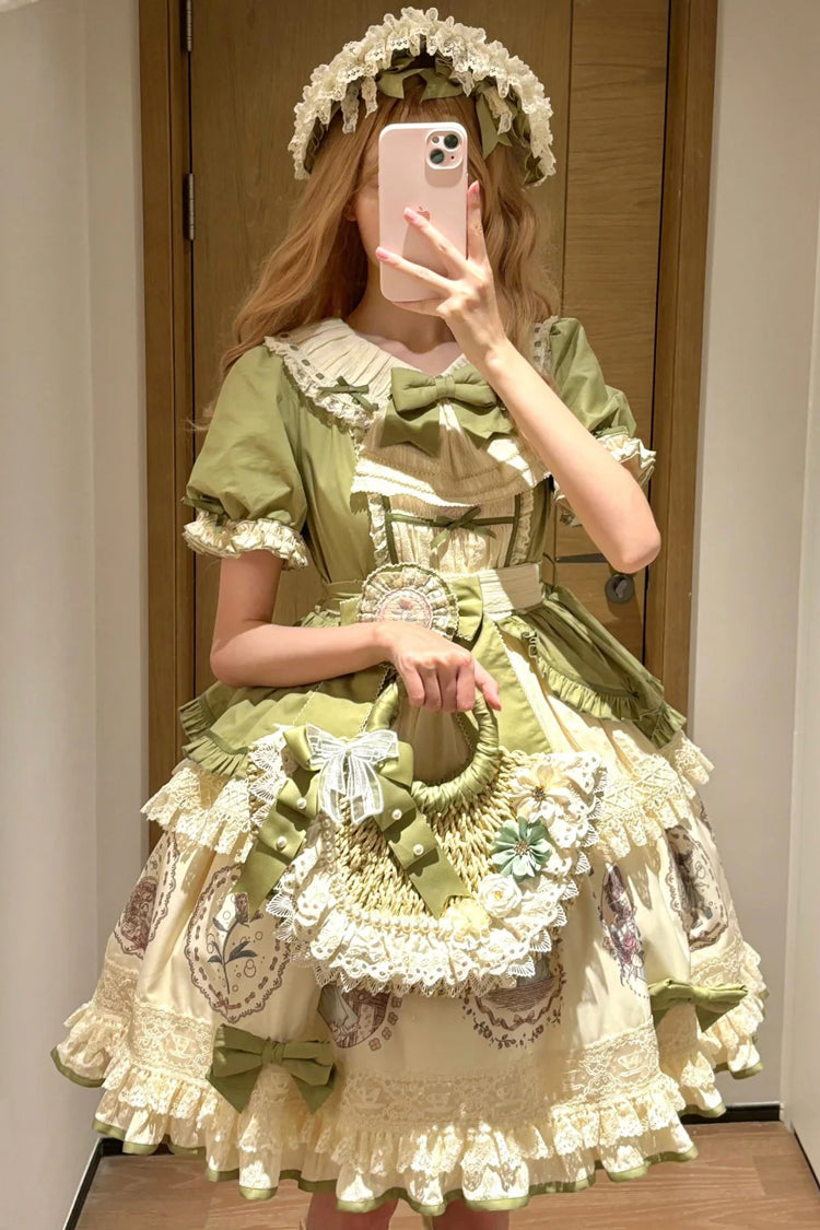 Green Little Ida's Flowers Short Sleeves Print Ruffle Bowknot Sweet Lolita Dress
