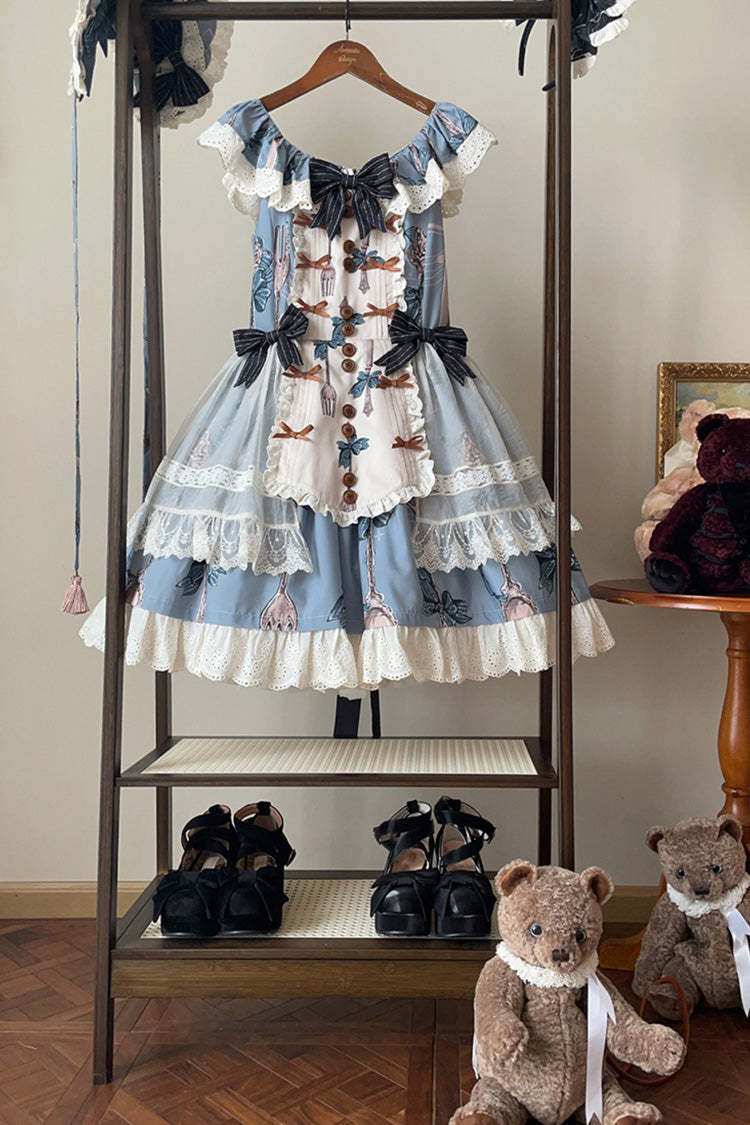 Blue The Witch's Banquet Sleeveless Printed Ruffled Embroidered Bow Lace Sweet Lolita Jsk Dress