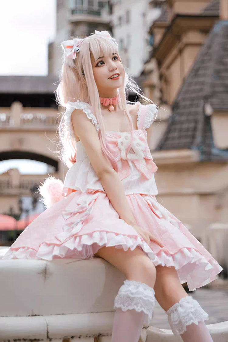 Pink Miss Meow Print Ruffle Bowknot Sweet Lolita Skirt Set
