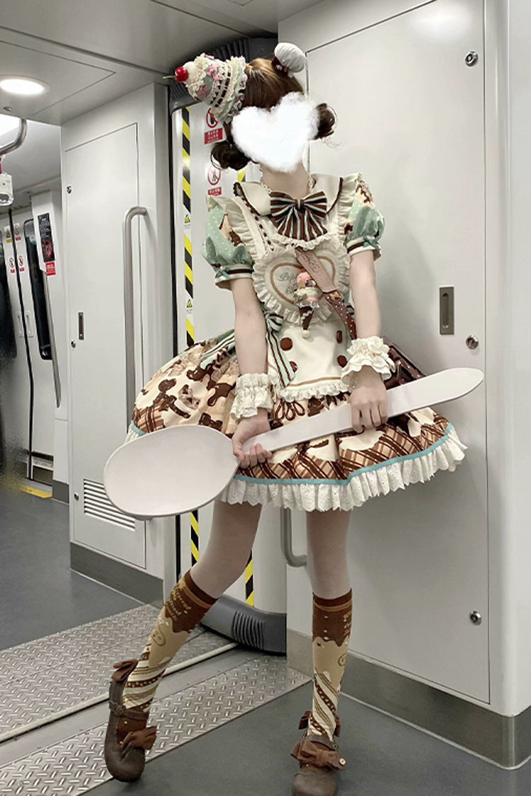 Brown Peppermint Chocolate Chocolate Cake Bear Print Ruffle Bowknot Lace-Up Sweet Lolita Dress