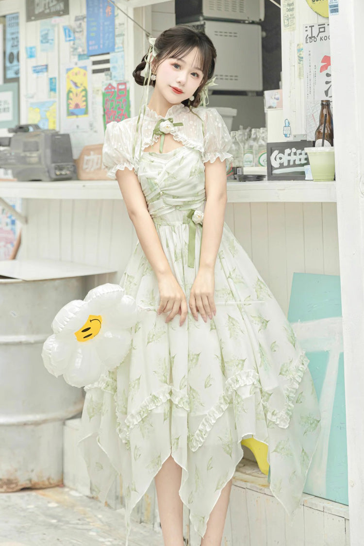 Lily of the Valley Spring Short Sleeves Jacquard Print Bowknot Irregular Sweet Lolita Jsk Dress