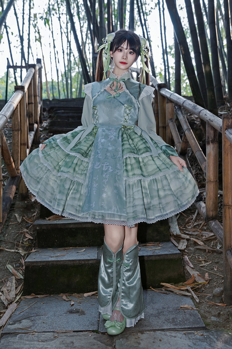 Cheongsam Ink Print Multi-layer Bowknot Sweet Chinese Style Princess Lolita Jsk Dress 2 Colors
