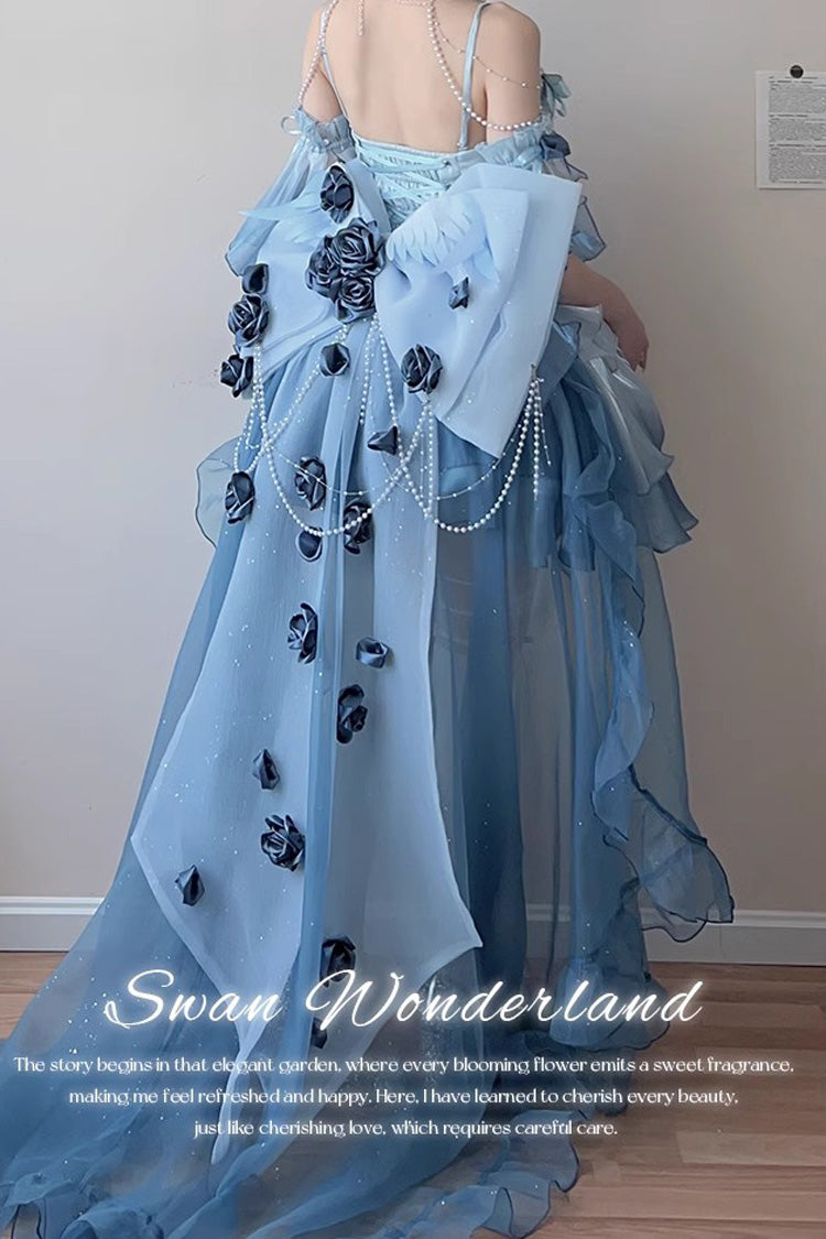 Sky Blue Swan Wonderland Embroidery Bowknot Lace-Up Sweet Ballet Lolita Jsk Dress Short Version