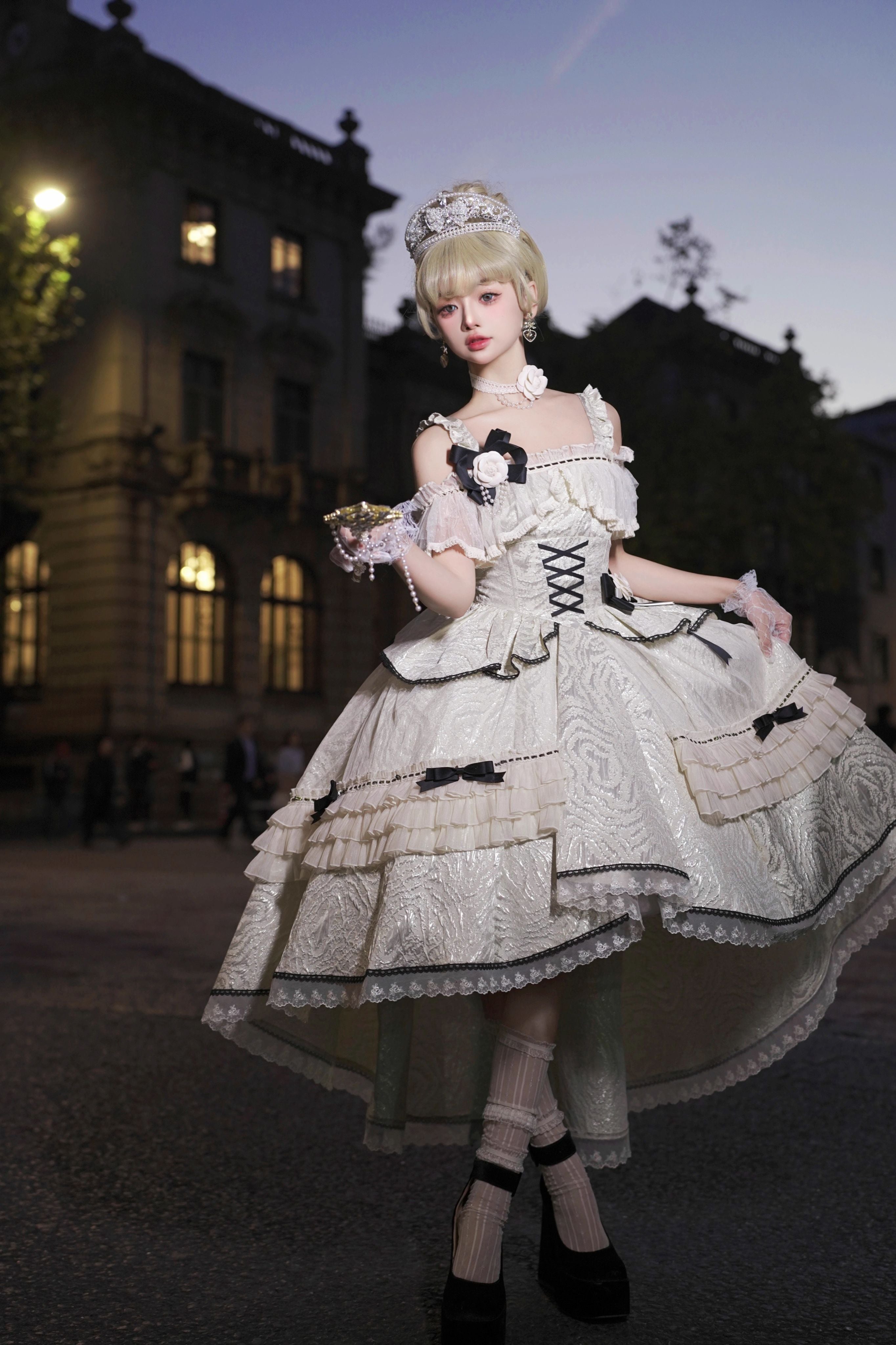 Ivory/Black Tycoon's Daughter Ruffle Bowknot Sweet Elegant Princess Lolita Jsk Dress