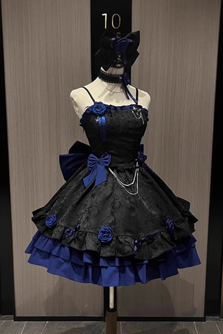 Black/Blue Print Ruffle Bowknot Gothic Princess Lolita Jsk Dress