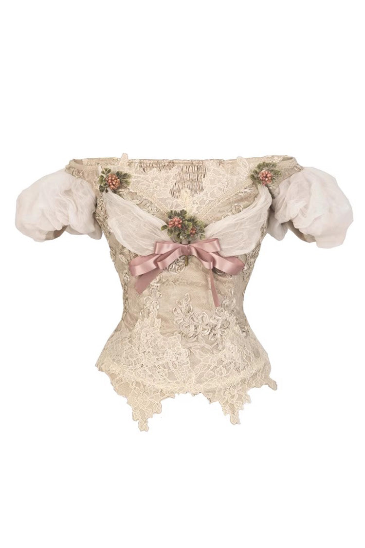 Light Brown Cupid's Poetry Box Boat Neck Short Puff Sleeves Ruffled Cut-Out Embroidered Bow Lace Gothic Elegant Lolita Skirt Dress and Top Set