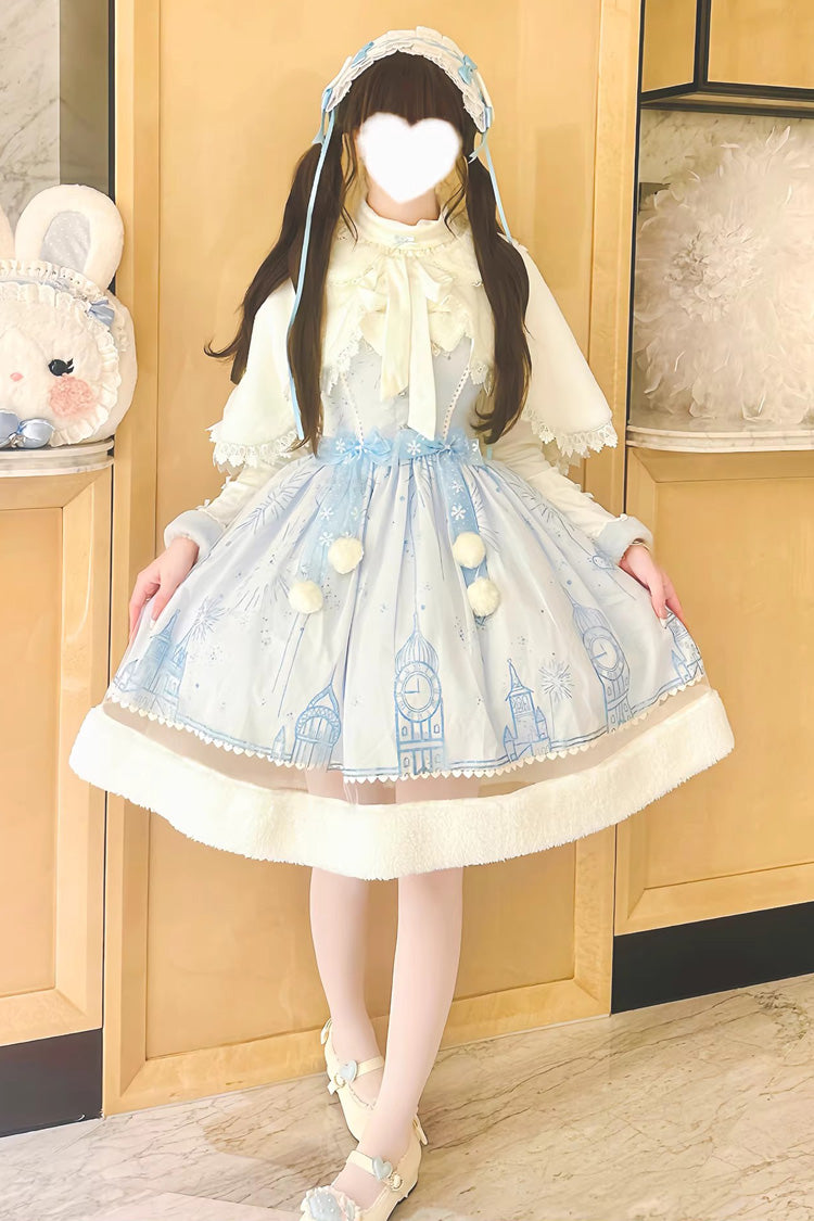 Blue Snow Castle Sleeveless Printed Embroidered Bow Lace Sweet Lolita Jsk Dress