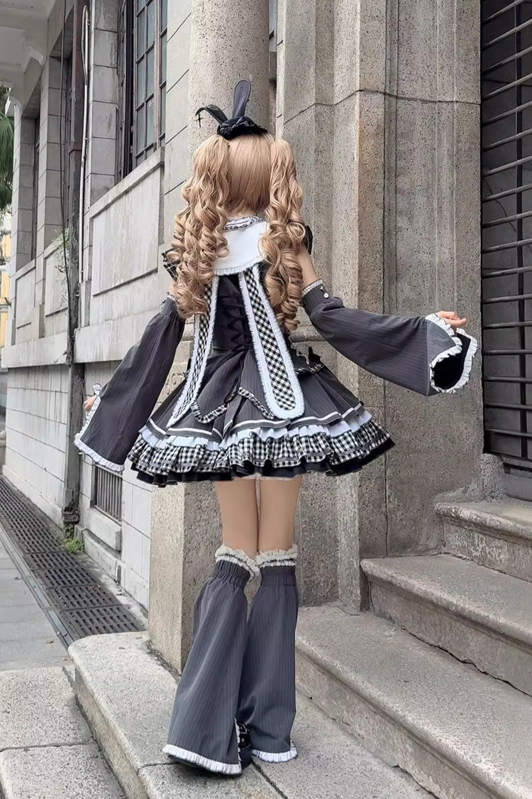 Black Berlin Covenant Detachable Sleeves Hime Sleeves Print Ruffle Bowknot Lace-Up Gothic Lolita Dress Set