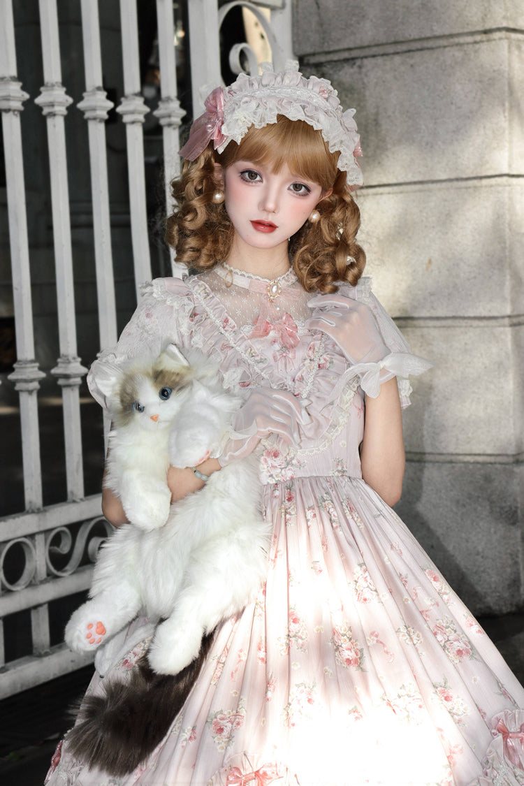 Daydream Rose Short Sleeves Floral Jacquard Print Ruffle Embroidery Bowknot Sweet Lolita Dress 3 Colors