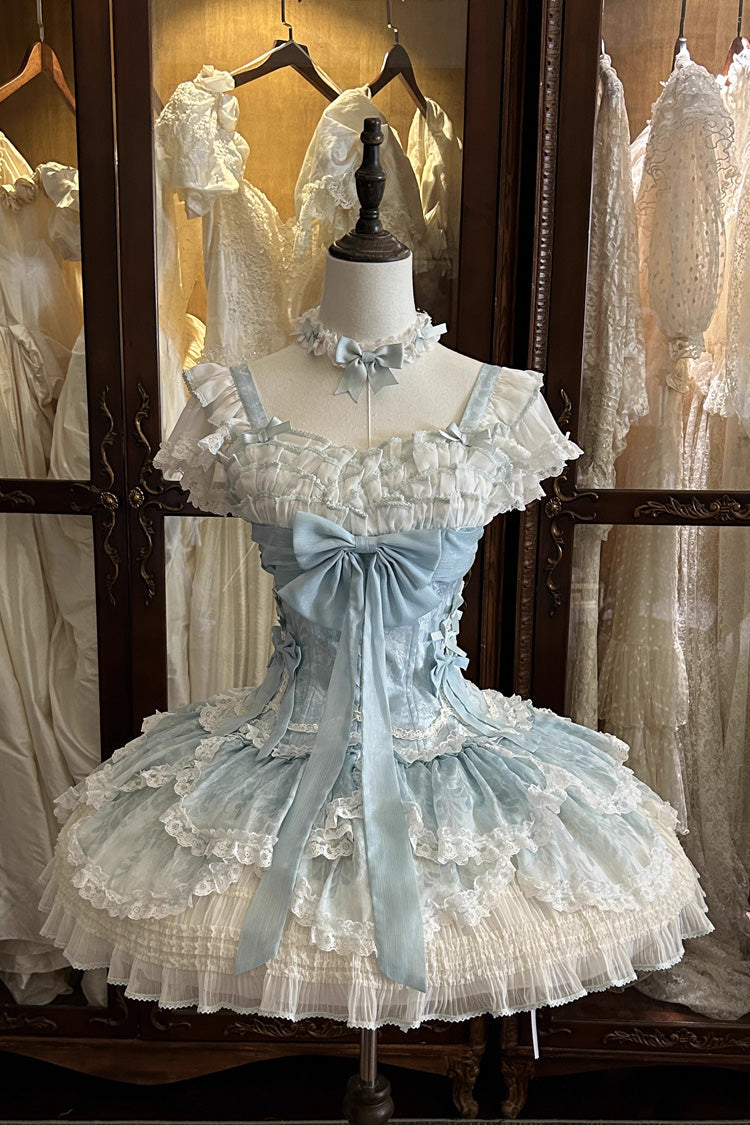 Green Floral Dream Short Sleeves Multi-Layered Ruffle Embroidery Bowknot Lace-Up Sweet Elegant Ballet Lolita Jsk Dress