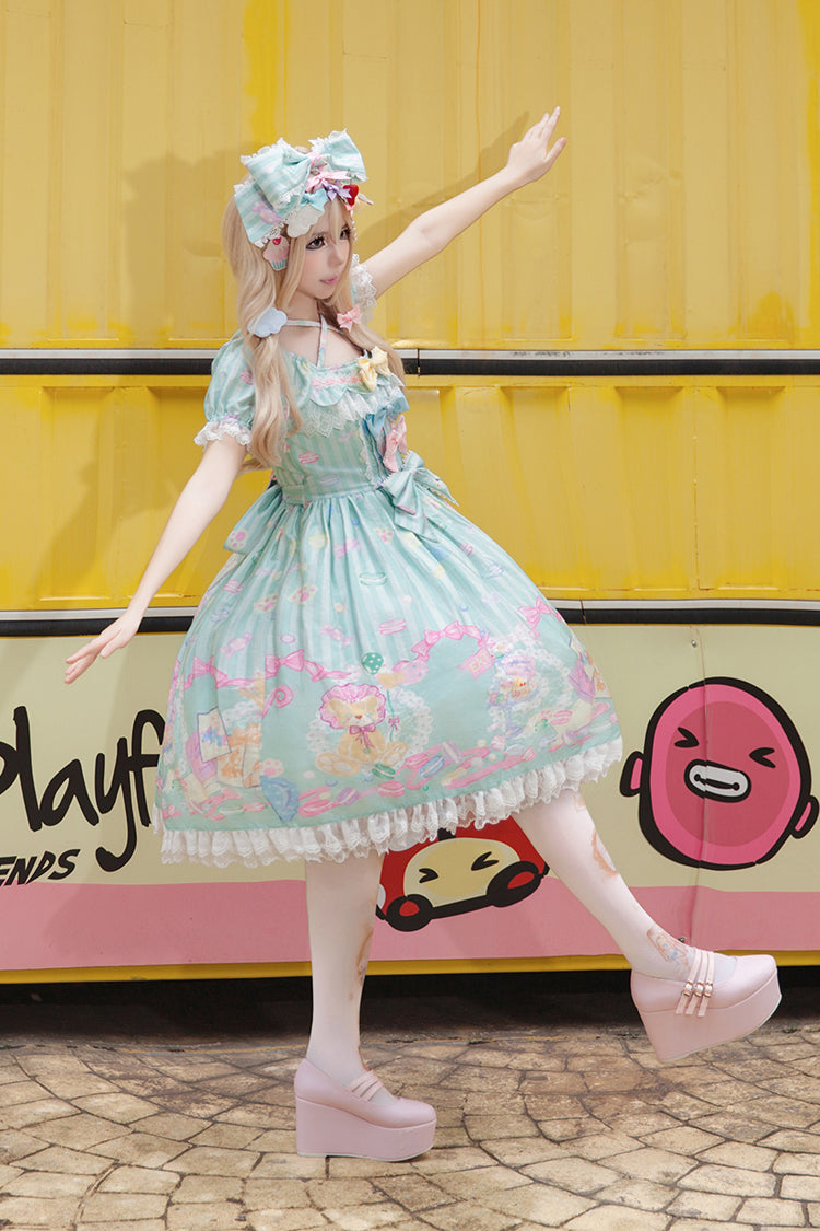Macaron Dolly House Doll Collar Short Sleeves Print Bowknot Sweet Lolita Dress 3 Colors
