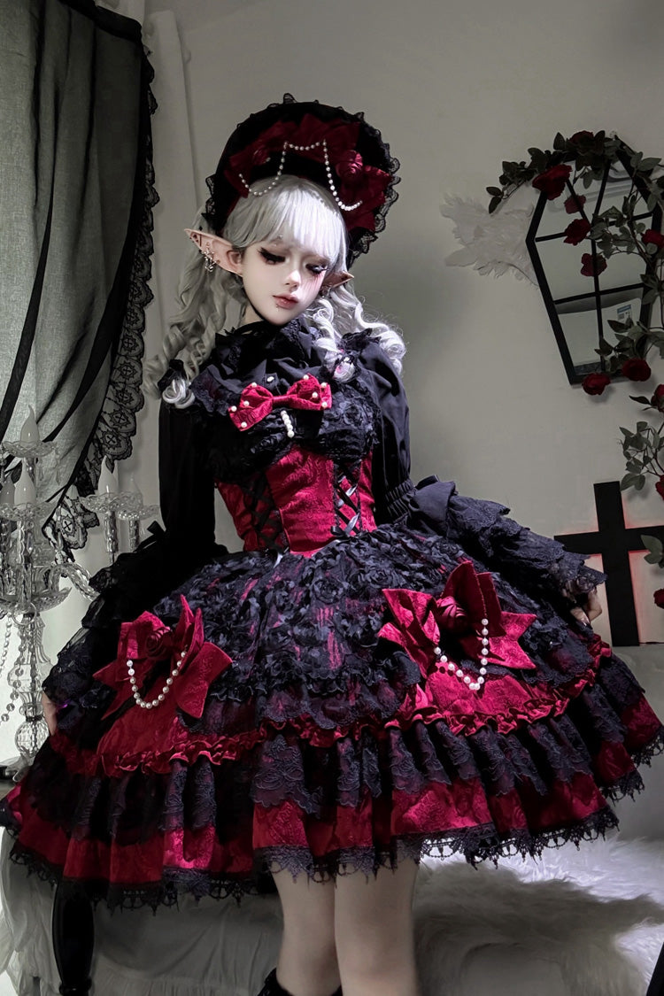 Black/Red Rose Princess Sleeveless Ruffle Bowknot Lace Lace-Up Gothic Ballet Lolita Jsk Dress