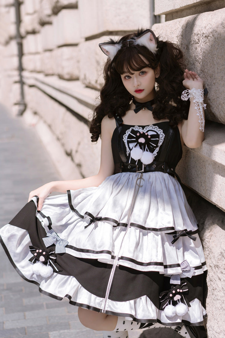 Black/White Cat Fist Triple-Layered Ruffle Bowknot Sweet Lolita Jsk Dress