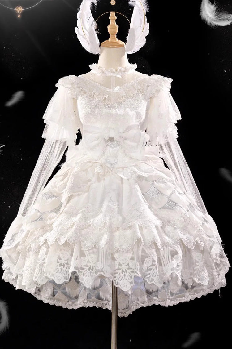 White Peacock Feather Multi-Layered Ruffle Hanayome Cardigan Bowknot Lace Sweet Lolita Jsk Dress Set