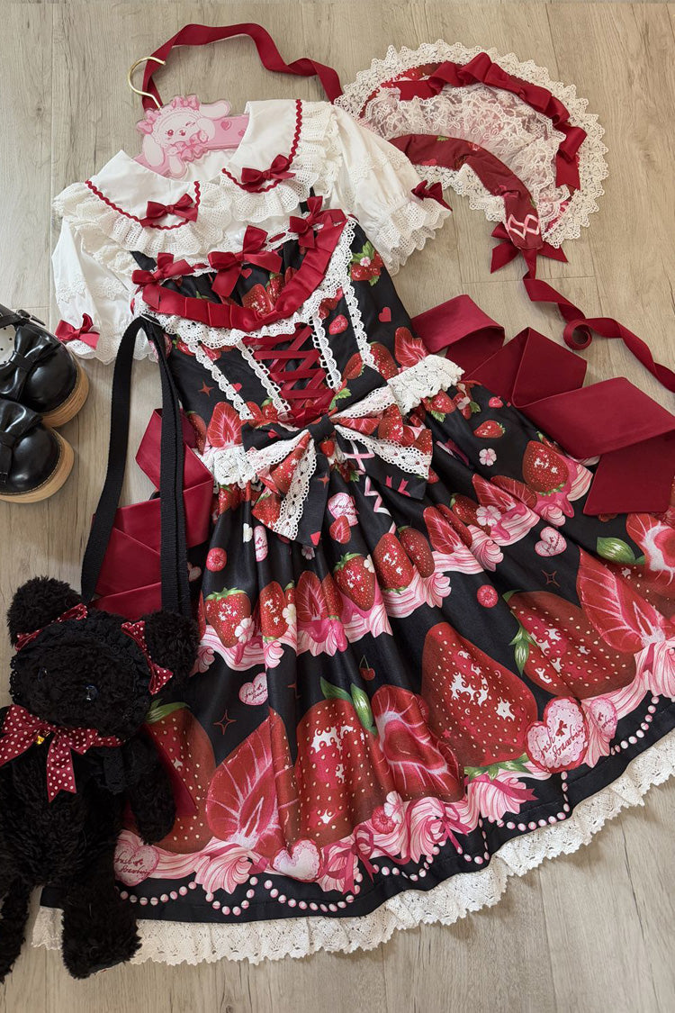 Sweet Berry Tale Strawberry Print Ruffle Bowknot Lace Sweet Lolita Jsk Dress 4 Colors
