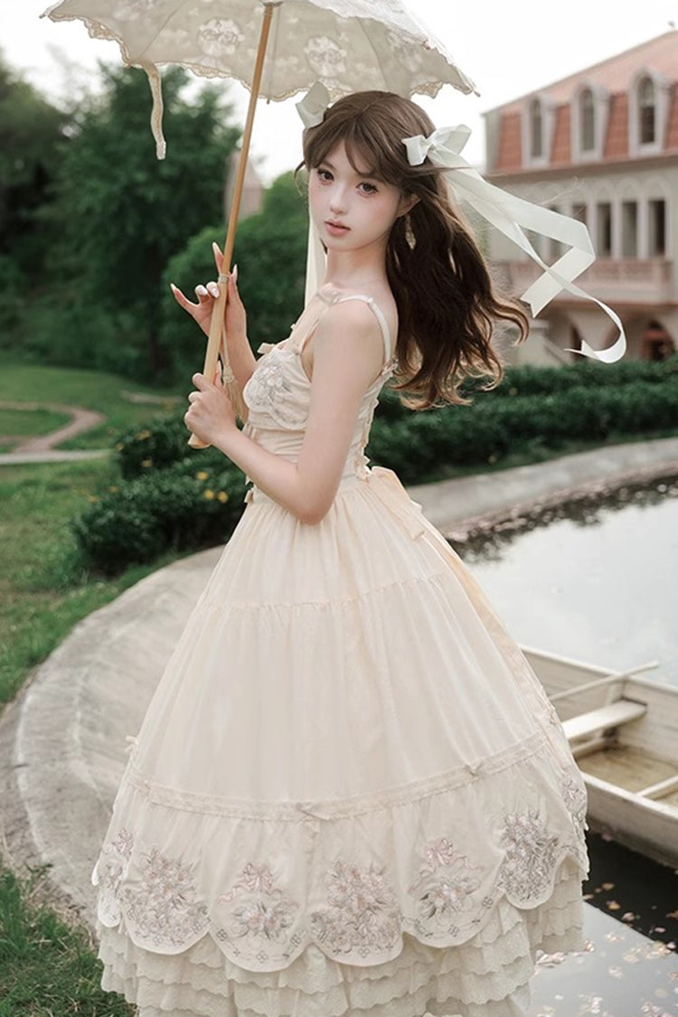 Apricot Fantasy Butterfly Triple-Layered Ruffle Embroidery Bowknot Lace Sweet Princess Lolita Jsk Dress