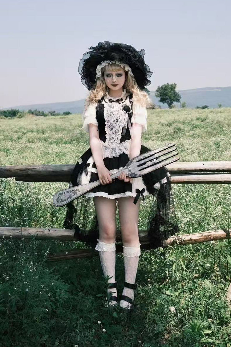 Black Twilight Double-Layered Ruffle Bowknot Lace Gothic Elegant Ballet Lolita Skirt Set