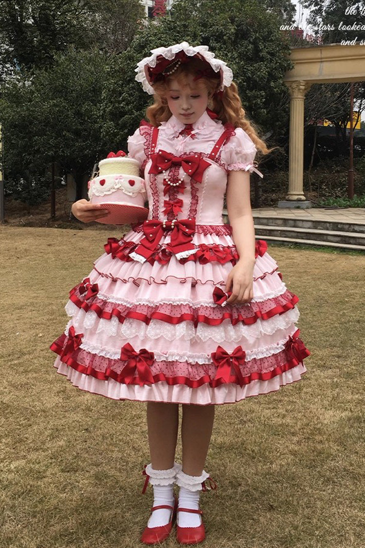 Red Ribbon Berries Sleeveless Multi-Layered Ruffle Bowknot Lace Sweet Lolita Jsk Dress